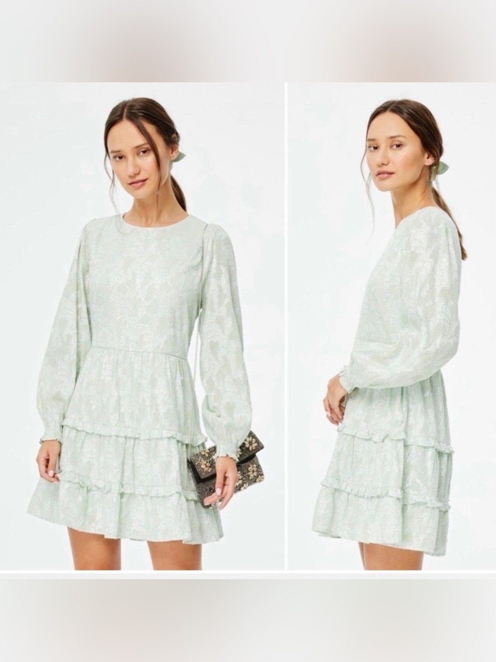 Roller Rabbit Clermont Nori Dress Mint Green Tiered Long-Sleeve Dress - Picture 1 of 8